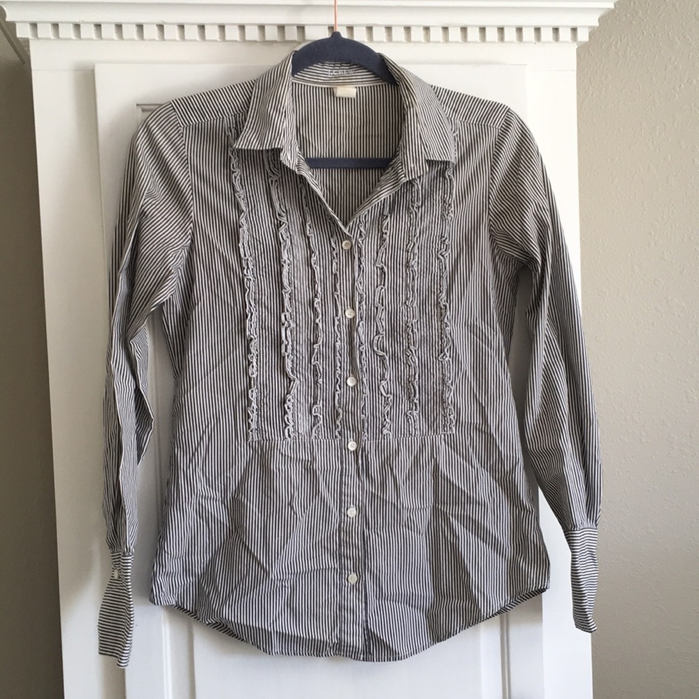 J. Crew Black/White Button Down w/ Tuxedo Ruffle